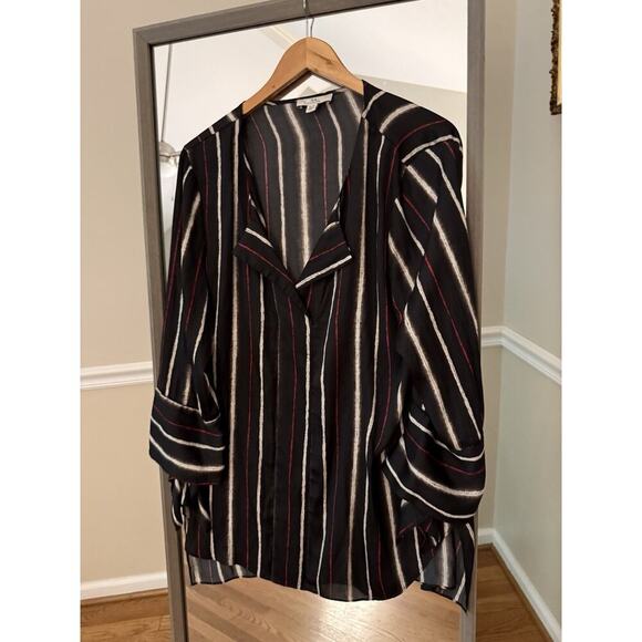 H by Halston Blouse Black Striped V Neck Long Sleeve Flare Cuffs Size XL Silky - Picture 1 of 4